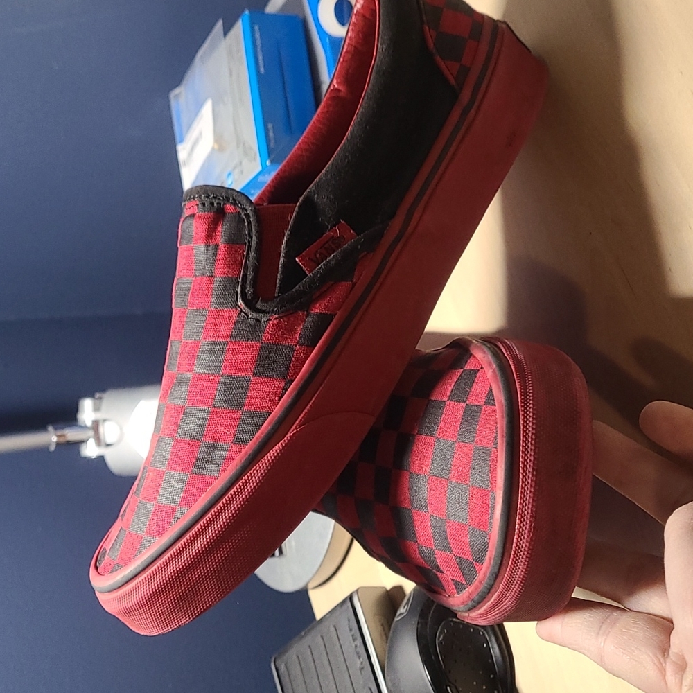 Black and red checkered vans, red sole women's 7.5